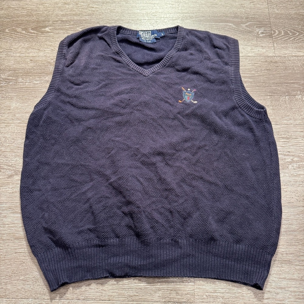 Polo Ralph Lauren Sweater Vest Mens Large Blue Cotton Golf Crest‎ Logo V-Neck UK